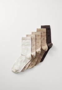 Set of six socks in shades of cream, beige, and brown, featuring subtle patterns and ribbed cuffs, made of soft fabric.