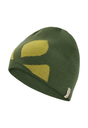 Green knit beanie with yellow abstract shapes and a small white tag labeled Vaude on the lower edge.