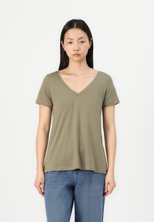 Olive green V-neck t-shirt with short sleeves, featuring a subtle stitched trim along the neckline, made from soft, lightweight fabric.