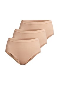 Drei Paar hellbeiger Baumwoll-Hipsterunterhosen mit nahtlosem Design und elastischem Bund. Weicher Stoff, keine sichtbaren Muster oder Beschläge.