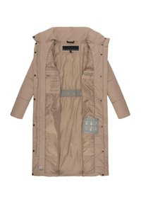 Long beige puffer coat with a high collar, snap closures, and textured fabric. Interior contains labels and care instructions.
