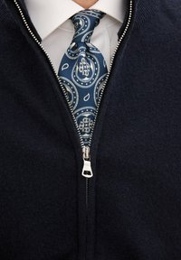 Maglione zip-up blu navy realizzato in tessuto morbido, con una cerniera argentata. Sotto, è visibile una cravatta paisley blu con un motivo dettagliato.