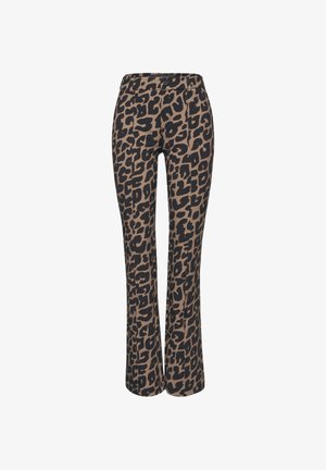 Pantalons imprimés léopard en marron et noir, avec une coupe droite, une taille à fermeture à bouton et une texture de tissu lisse.