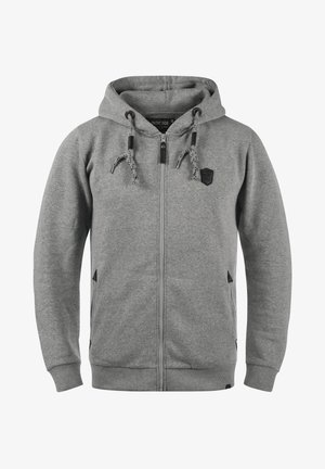 Gray zip-up hoodie made of soft fabric, featuring a hood, two side pockets, and black accents. Includes drawstrings with metal tips.