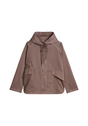 Braune Kapuzenjacke mit Kordelzügen, vorderen Klappentaschen, langen Ärmeln und Reißverschluss.