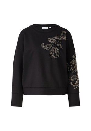 Felpa nera in misto cotone, con dettagli intricati di perline floreali sulla manica sinistra e sul petto. Scollo rotondo e vestibilità comoda.