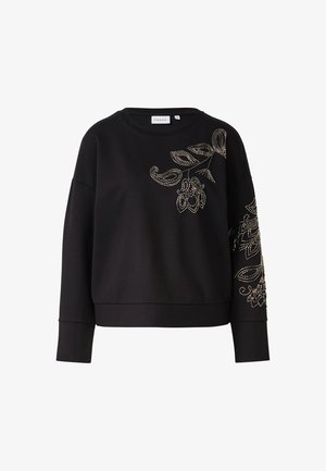 Felpa nera in misto cotone, con dettagli intricati di perline floreali sulla manica sinistra e sul petto. Scollo rotondo e vestibilità comoda.