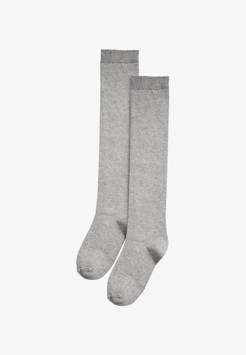 Gray knee-high socks made of a soft knit fabric, featuring a ribbed cuff and smooth texture, designed for comfort and warmth.