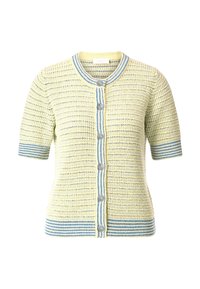 Knitted cardigan in soft yellow with blue striped accents, short sleeves, round neckline, and five button front closure. Textured fabric.