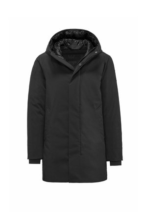 Zwarte parka jas met capuchon, met een gladde buitenkant, twee zijzakken en een gevoerd interieur ontwerp.