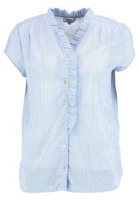 Light blue, short-sleeved shirt with vertical white stripes, ruffled collar, and button front; made of soft fabric with subtle texture.
