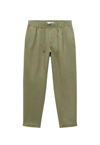 Pantalones de lino verdes con cinturilla elástica, cordón ajustable, piernas ajustadas y bolsillos. Textura suave y diseño minimalista.