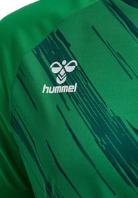 Grön sporttröja med ett strukturerat, randigt mönster i mörkare grönt. Har en vit "hummel"-logotyp på bröstet.
