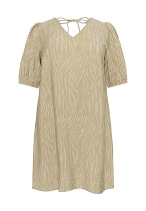 Beige klänning med V-ringning, kort puffärmar och en knytning i ryggen. Har en texturerad design med subtila tigermönster.