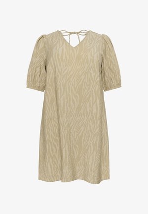 Beige dress with a V-neck, short puff sleeves, and a tie at the back. Features a textured design with subtle tiger stripe patterns.