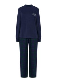 Camiseta de manga larga azul marino con cuello redondo y detalles en texto blanco, combinada con pantalones de pijama a cuadros verdes y azul marino. Tejido suave, corte relajado.