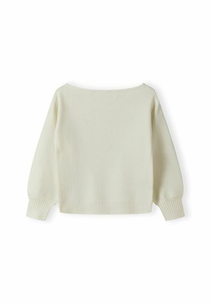 Pull crème, ourlé côtelé, encolure bateau large, manches longues, en matière tricot douce et au design minimaliste. La vue arrière montre une texture lisse.