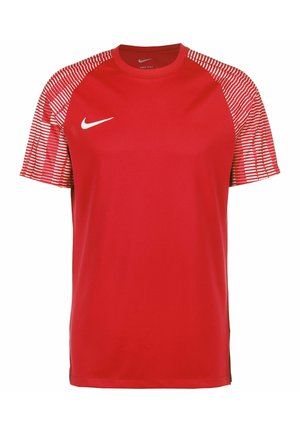Rode sportieve t-shirt met korte mouwen, met een effen voorkant en een gestreept patroon op de schouders. Nike-logo op de borst.
