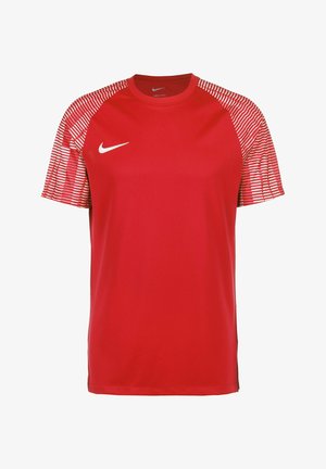Rotes Sport-T-Shirt mit kurzen Ärmeln, mit einer einfarbigen Vorderseite und einem gestreiften Muster auf den Schultern. Nike-Logo auf der Brust.