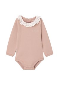 Long-sleeve bodysuit in light pink cotton, features a white floral-printed ruffled collar and "Céleste" embroidered detail at the front.