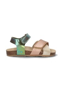 Sandal multicolor con tiras brillantes en verde, rosa y beige, con suela de corcho y cierre de velcro.