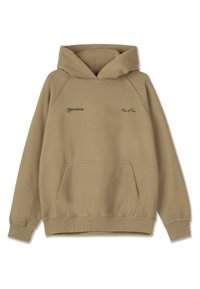 Beige Kapuzenpullover aus Fleece-Material, mit einer frontalen Tasche, gerippten Bündchen und gestickten Logos auf der Brust.