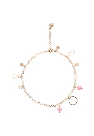 Gold-toned chain bracelet featuring round pink beads, small metal disks, and a circular ring accent, set in a delicate design.