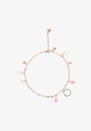 Arany tónusú lánc karkötő, kerek rózsaszín gyöngyökkel, kis fémdiskekkel és kör alakú gyűrűkiegészítővel, finom dizájnban.