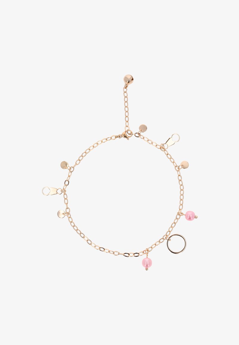 Guldtonet kædearmbånd med runde lyserøde perler, små metaldiske og en cirkulær ring som accent, sat i et delikat design.