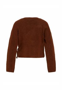 Brązowy krótki sweter z długimi rękawami, wykonany z miękkiego materiału, z prostym okrągłym dekoltem i wiązaniami po bokach dla regulowanego dopasowania.