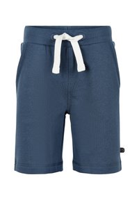 Mörkblå shorts i mjukt tyg, med ett elastiskt midjeband och en vit dragsko samt en liten logotag på sidan.