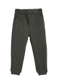 Mørkegrå børnesweatpants med elastisk talje, knaplukning, sidelommer og ribbede manchetter ved anklerne.