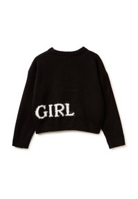 Černý pletený svetr s krátkým střihem, který má na zadní straně bílý chlupatý nápis "GIRL". Hladký lem kolem krku a zápěstí.