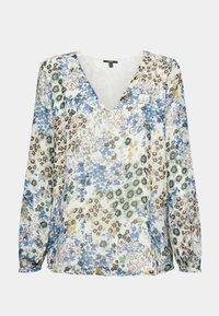 Blouse blanche à manches longues avec col en V et motif floral intégral dans des tons bleus, verts, bruns et jaunes.
