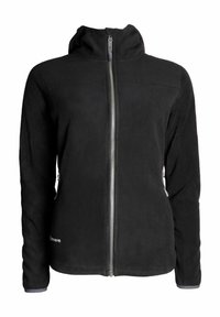 Svart fleecejacka med dragkedja framtill, hög krage och två sidofickor. Har en slät textur och en subtil logotyp vid nederkanten.