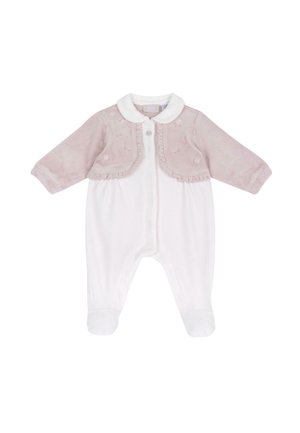 Langärmliger Baby-Body mit angebrachtem rosa Samt-Bolero und Rüschenbesatz, mit bestickten Blumendetails.