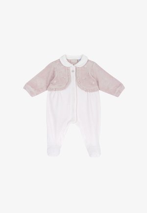 Langärmliger Baby-Body mit angebrachtem rosa Samt-Bolero und Rüschenbesatz, mit bestickten Blumendetails.