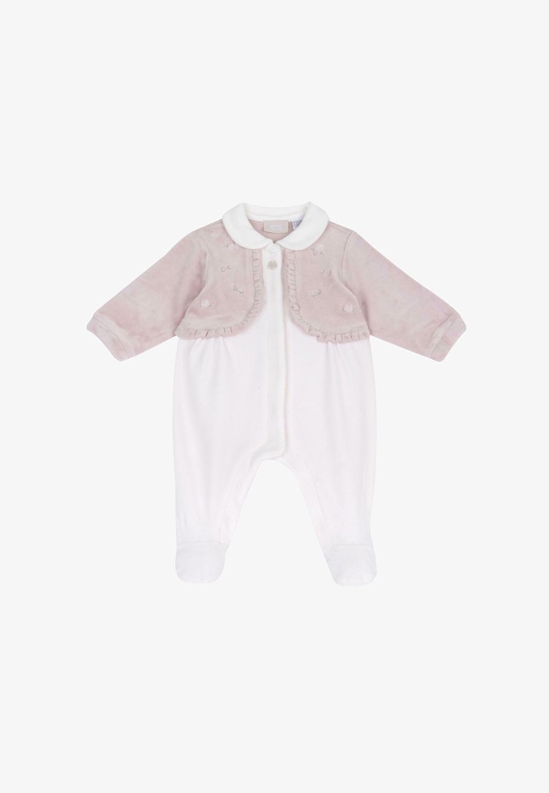 Body bébé à manches longues avec veste boléro en velours rose attachée et bordure à volants, avec détails floraux brodés.