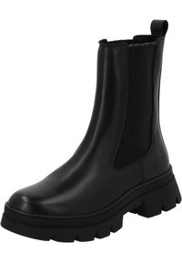 Botas negras de tobillo con un exterior de cuero suave, paneles laterales elásticos y una suela gruesa y dentada para mayor agarre y estabilidad.
