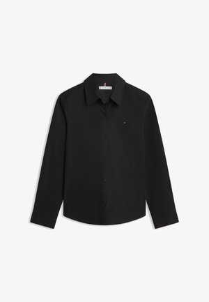 Crna košulja s dugim rukavima, kopčom na gumbe, sšiljenim ovratnikom i malim logotipom Tommy Hilfiger na lijevoj strani prsa.