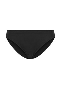 Musta bikinin alaosa, valmistettu ribbed-kankaasta, jossa on keskikokoinen peittävyys ja sileä vyötärö, muotoiltu yksinkertaisella ja klassisella siluetilla.