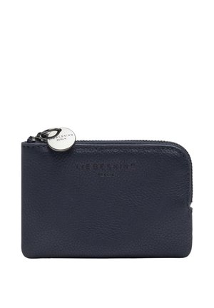 Portafoglio in pelle testurizzata blu navy con chiusura a zip e tiralampo rotondo argento inciso con il logo Liebeskind Berlin.