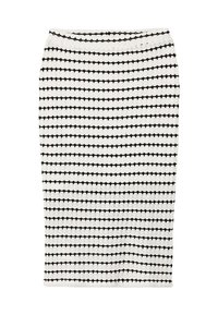 Jupe crayon en tricot avec un motif texturé, présentant des rayures horizontales noires et blanches alternées, et une taille élastique.