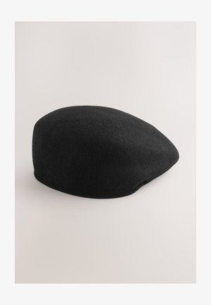 Black woolen beret with a smooth texture and rounded shape, featuring a small, flat brim and seamless construction.