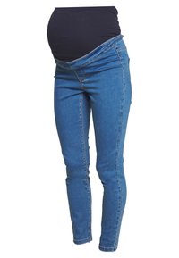 Jeans de maternidad en denim azul, con una cintura elástica y un corte ajustado. El diseño incluye detalles de costura a lo largo de las piernas.
