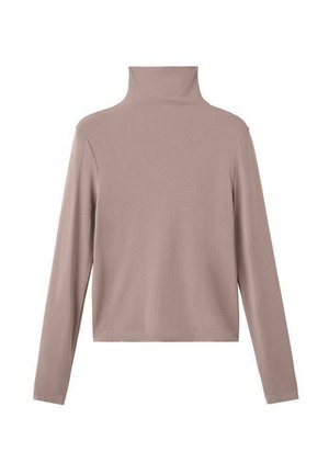 Langærmet rullekravetrøje i en lys mauve farve. Fremstillet af blødt stof, har den en tætsiddende pasform med høj hals og en lige kant.