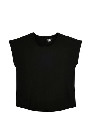 Top nero a maniche corte realizzato in tessuto morbido, caratterizzato da un colletto rotondo e una silhouette scomoda con orlo dritto.