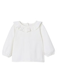 Weißes Langarmoberteil mit Rüschensaum, aus weichem Stoff gefertigt. Mit Puffärmeln und einer Knopfleiste auf der Rückseite.