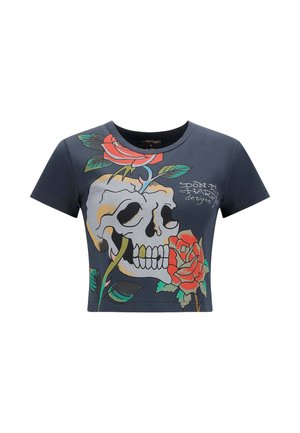Marineblauw cropped t-shirt met een grote schedelafbeelding en kleurrijke rozen, een soepele textuur en een ronde halslijn.