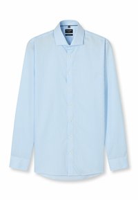 Hellblaue gestreifte Hemdbluse mit klassischem Kragen, langen Ärmeln und subtiler Textur. Verfügt über weiße Knöpfe und abgerundeten Saum.